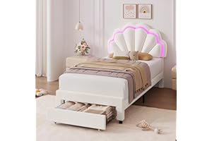 HIFIT Twin Upholstered Smart LED Bed Frame with Storage Drawer and Adjustable Chic Double Petal Headboard, Princess Platform Bed for Girls/Kids, Solid Wood Slats Support/No Box Spring Needed, Beige