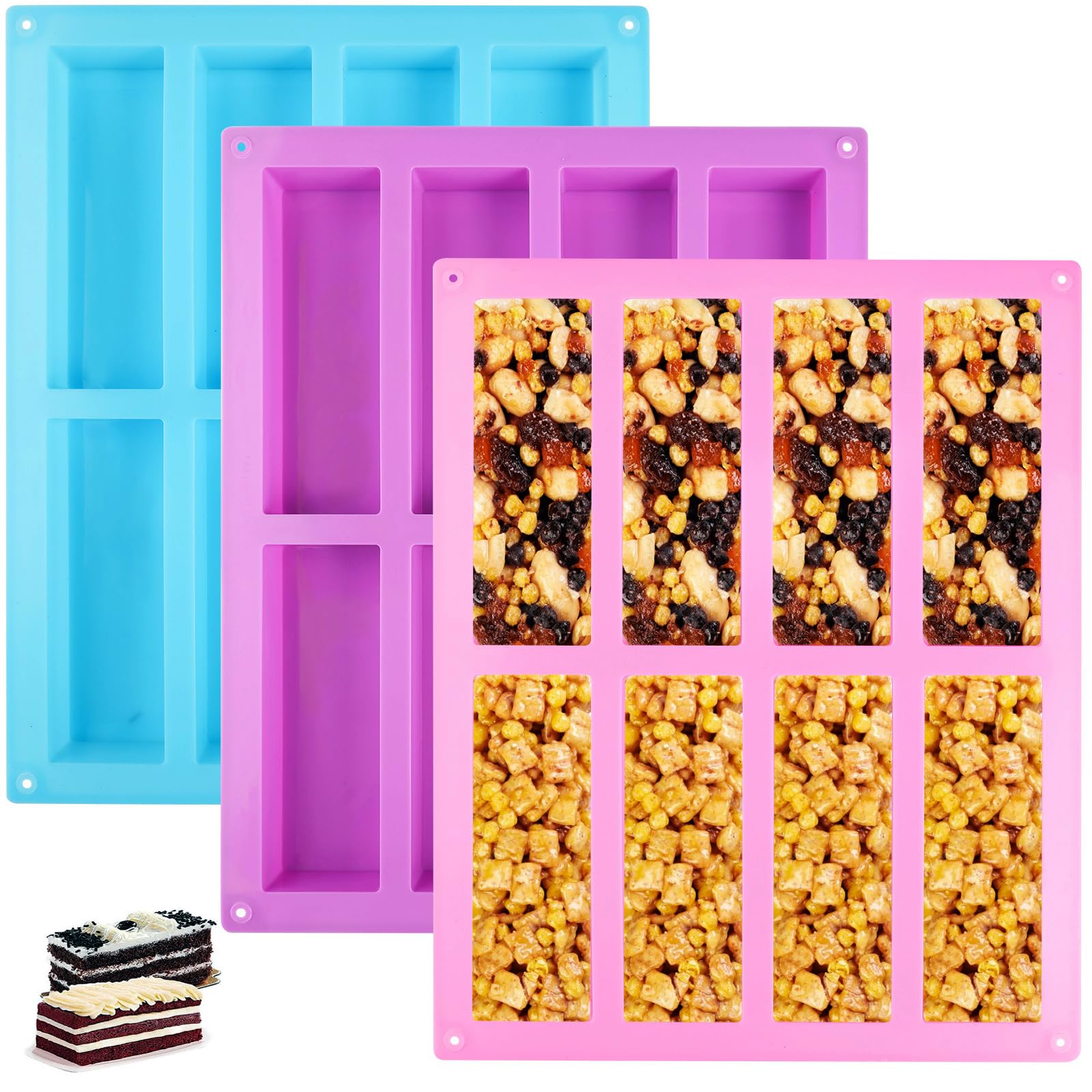 Surflyee 3PCS Silicone Granola Bars Mould 8 Cavity Rectangle Chocolate Energy Cereal Bars Moulds, Silicone Bar Mould for Protein Candy Fudge Bars