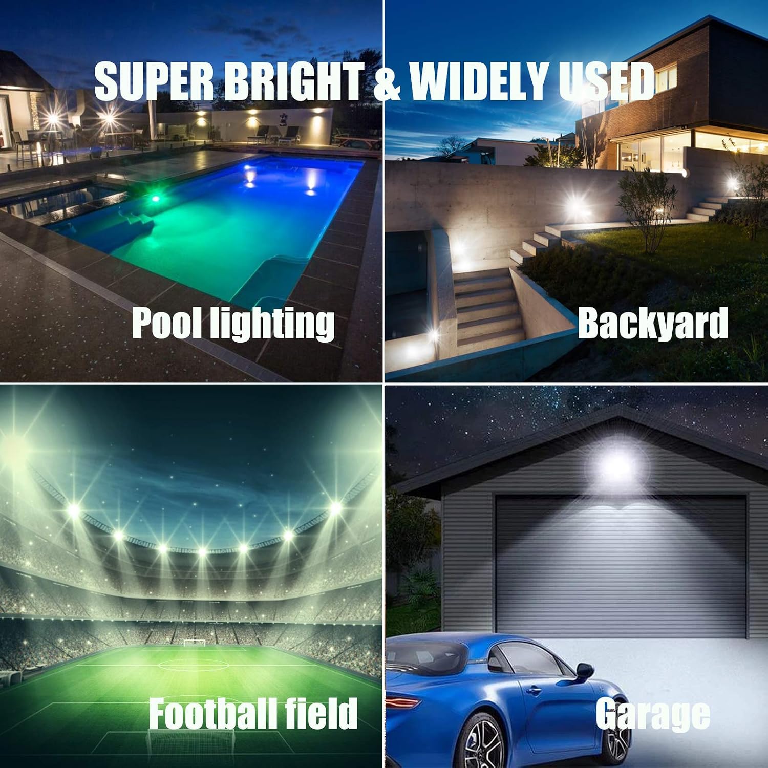 Boxlood LED Flood Light in various outdoor applications like pool lighting, backyard, football field, and garage