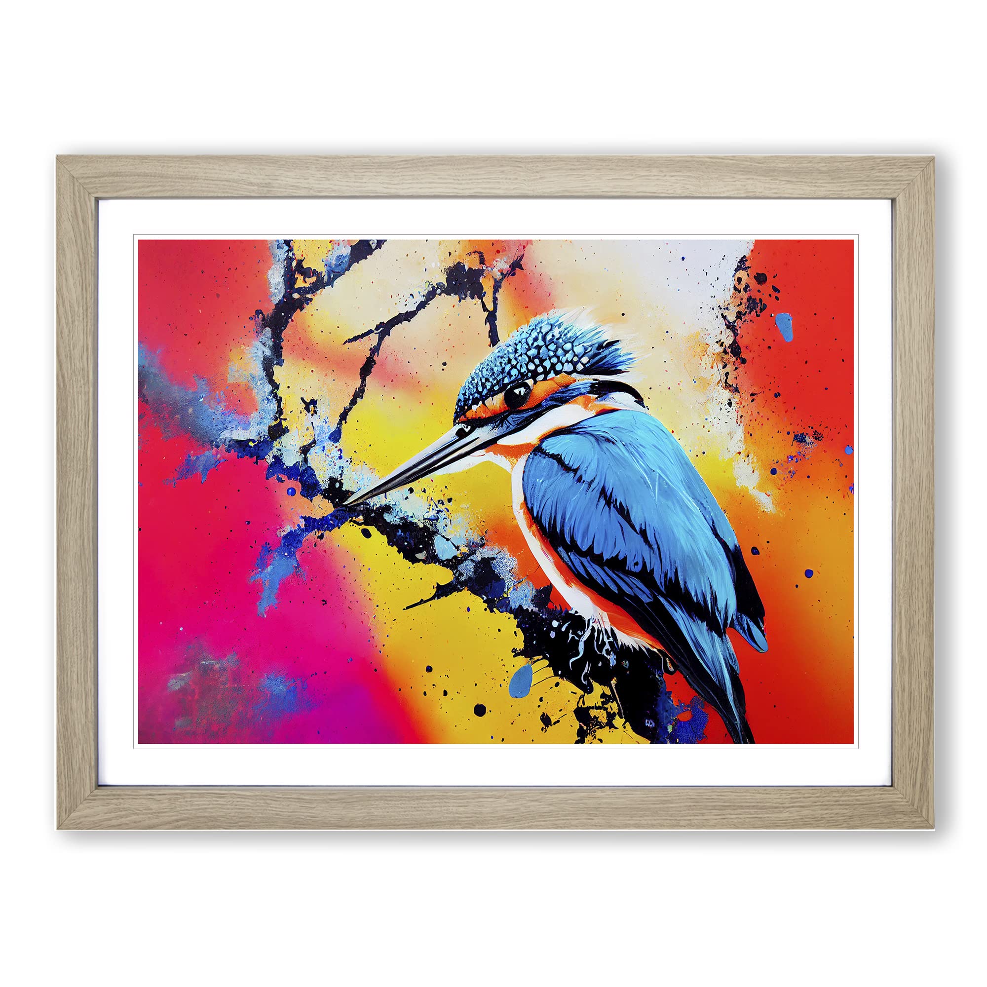 Kingfisher Bird Splashed Vol.2 Abstract Framed Print | A4 Oak Framed Wall Art | Ready to Hang | Abstract Fantasy Picture | Living Room Bedroom Lounge Office