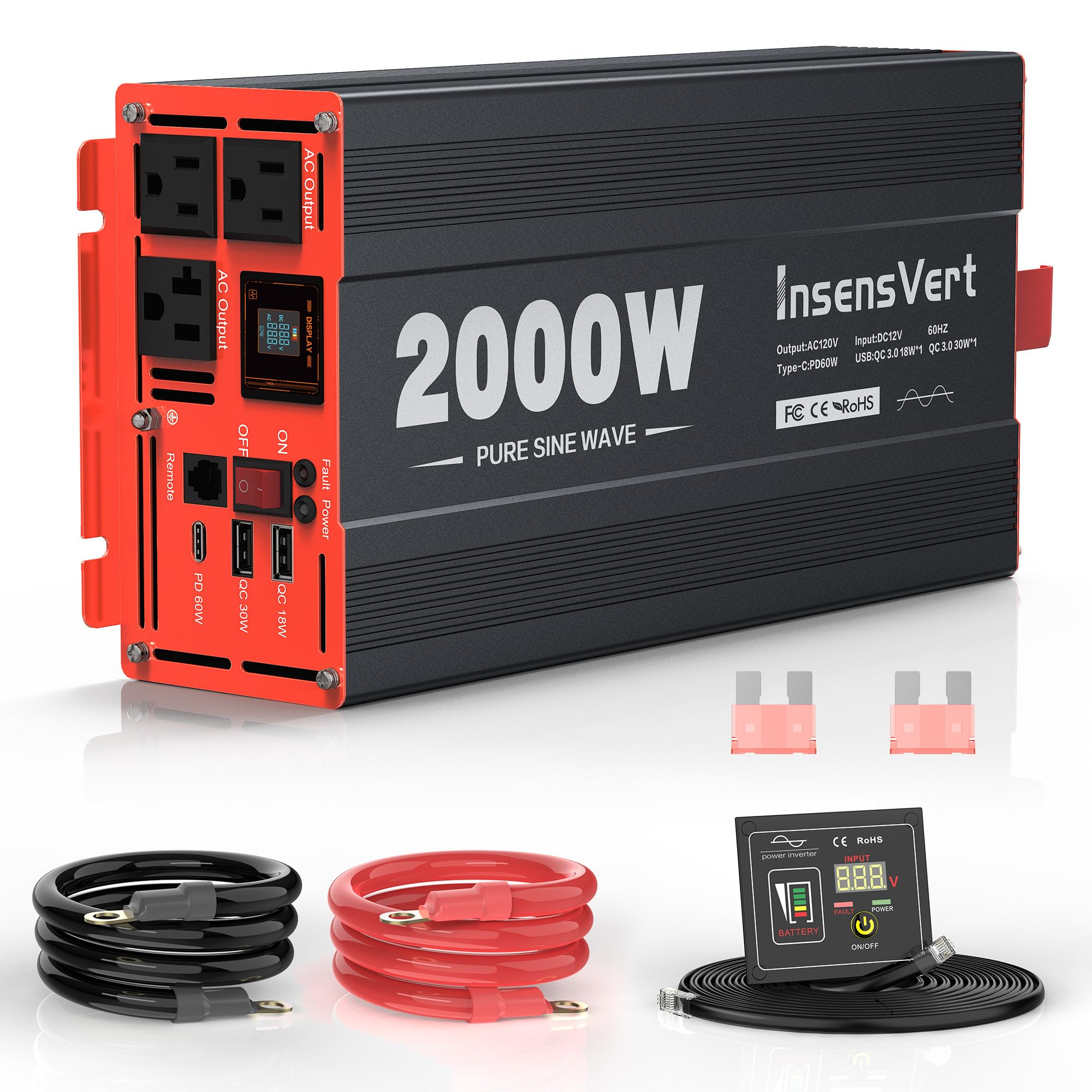 Photo 1 of 2000 Watt Pure Sine Wave Power Inverter DC 12V to 120V AC, with 2 AC,18W USB, and 30W Type-C Charging Ports, Car Solar Power Inverters with LCD Display for Home RV Truck