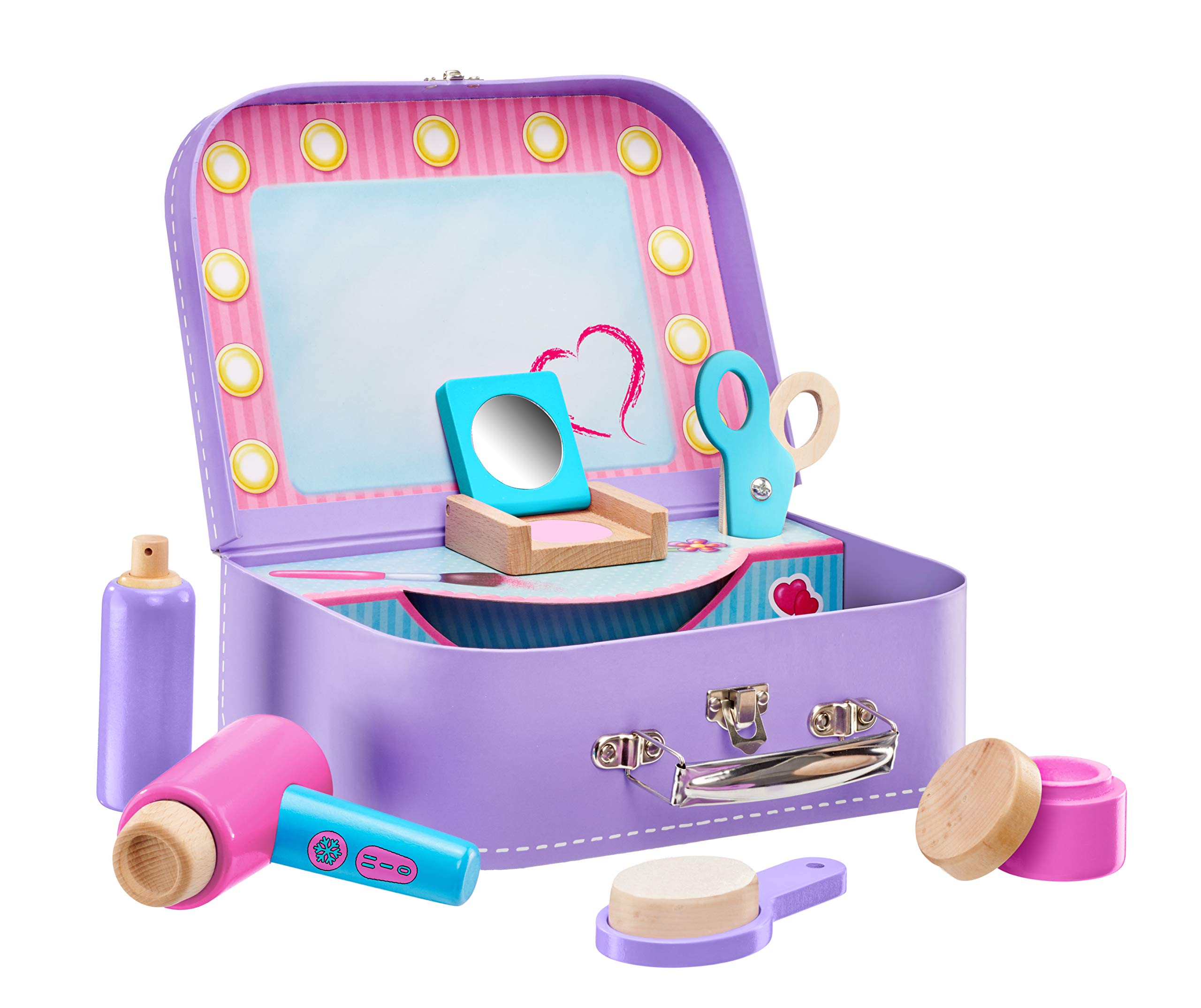 Selecta Wooden Beauty Case 25 x 18 cm - Children's Makeup Case - For Perfect Role Play & Styling - Includes Wooden Scissors, Mirror, Brush & More - Age 2+