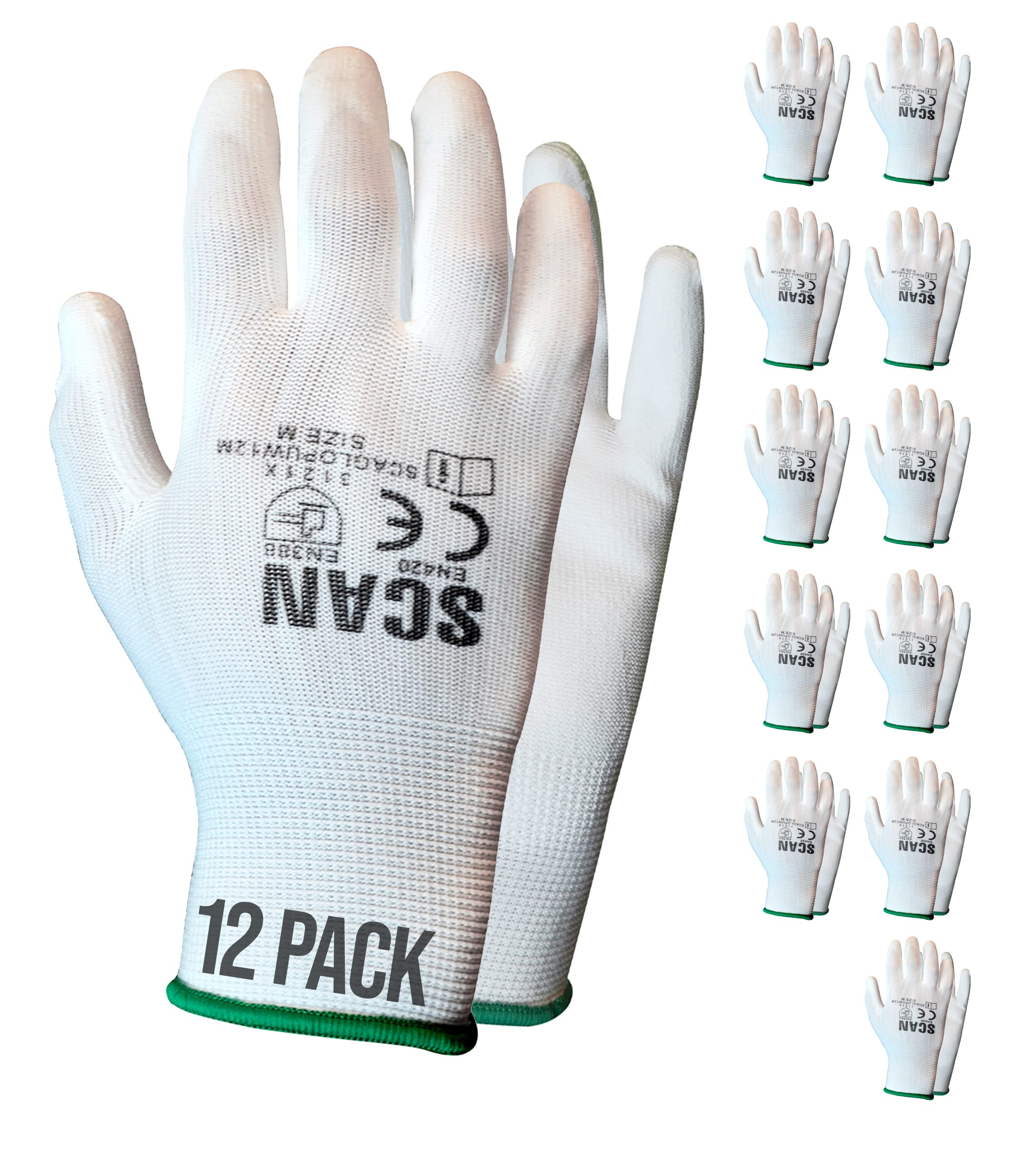 Scan SCAGLOPUW12M White PU Coated Gloves - Size 8 (12 Pairs)