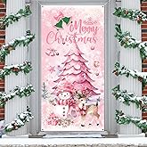 Pink Christmas Decoration Snowman Christmas Door Cover Deer X-mas Front Door Banner Decorations for Indoor Outdoor Holiday Party Supplies Banner