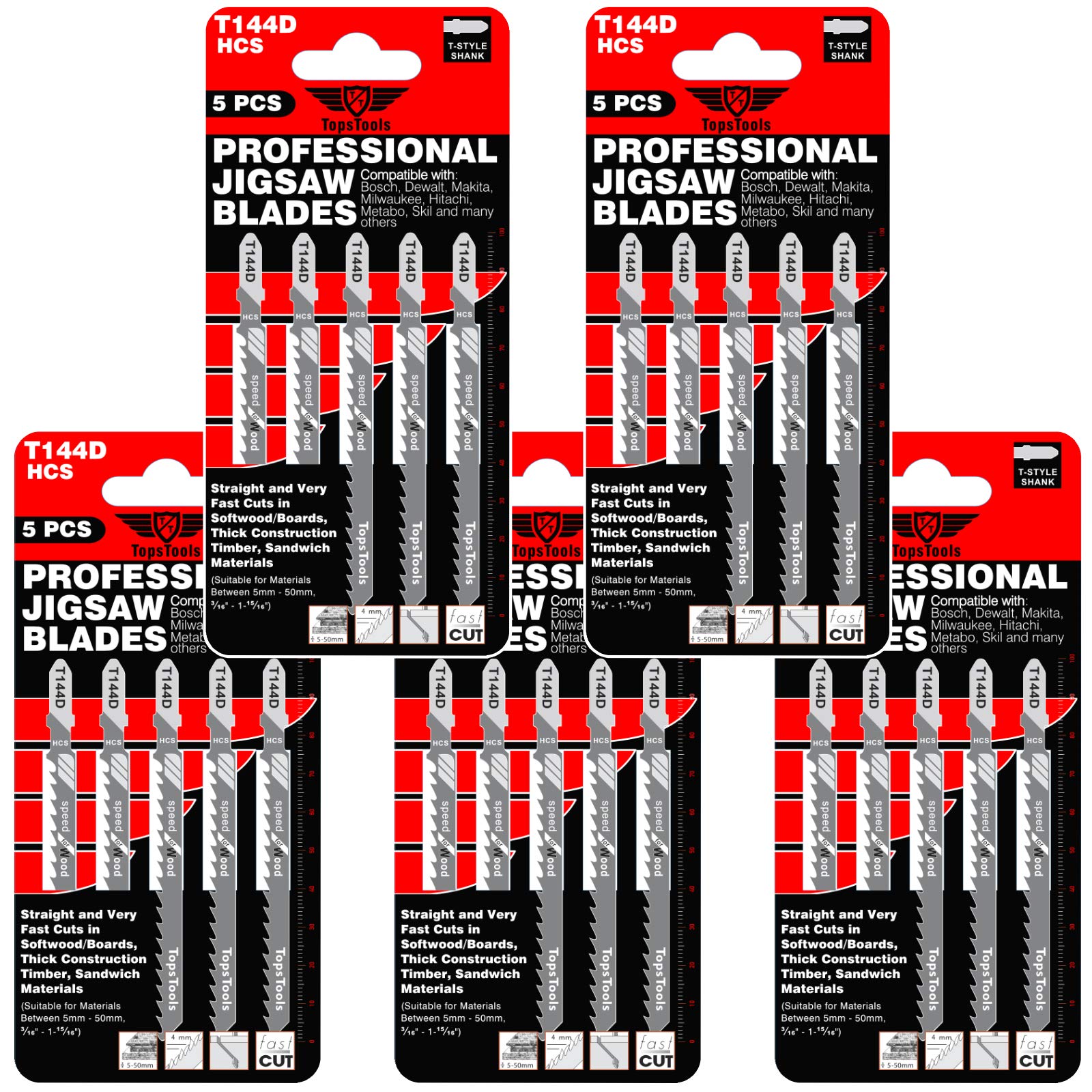 25 x TopsTools T144D 100mm Jigsaw Blades Designed for Straight and Fast Cuts in Wood