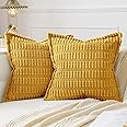 MIULEE Mustard Yellow Corduroy Decorative Throw Pillow Covers Pack of 2 Soft Striped Pillows Pillowcases with Broad Edge Spring Winter Modern Boho Home Decor for Couch Sofa Bed 20x20 Inch