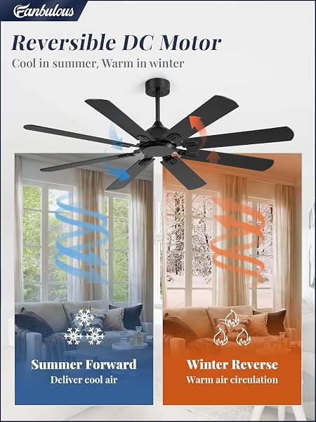 FANBULOUS 62 INCH CEILING FANS NO LIGHT WITH REMOTE, MODERN CEILING FAN WITHOUT LIGHT, DUAL FINISH 8 BLADES, REVERSIBLE QUIET DC MOTOR, 6 SPEED, LARGE CEILING FAN FOR INDOOR OR COVERED OUTDOOR, BLACK