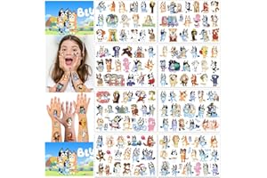 Aotoes Lot de 8 feuilles (135 motifs) de tatouages temporaires Bluey pour enfants, jouets de tatouage temporaires pour enfant