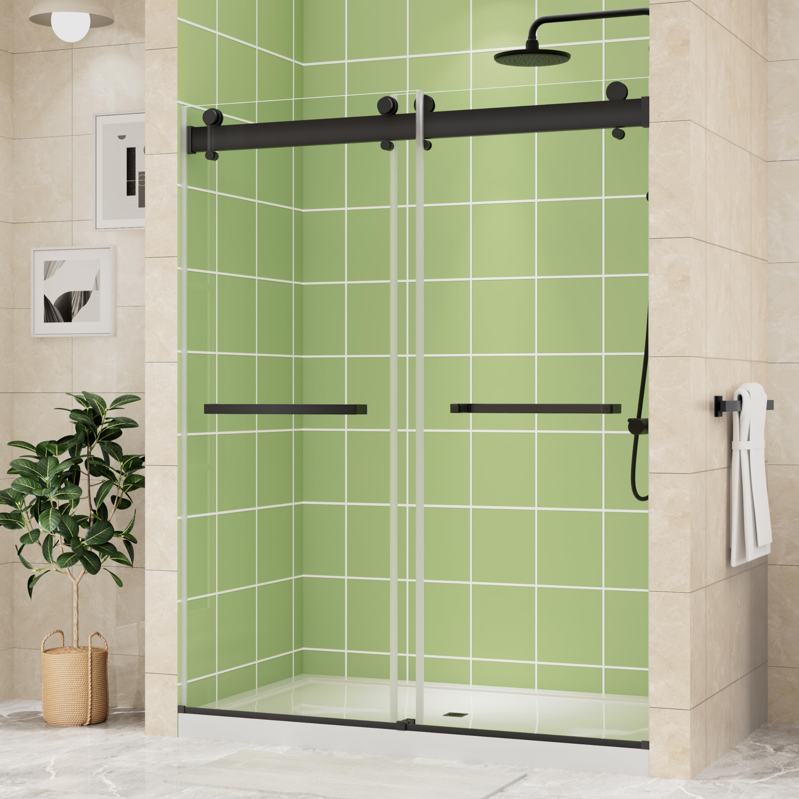 Photo 1 of DELAVIN 56-60" W x 75" H Double Sliding Frameless Shower Door, Glass Shower Door with 1/4"(6mm) SGCC Tempered Glass, Noiseless Shatterproof Shower Doors Stainless Steel, Aluminum, Black