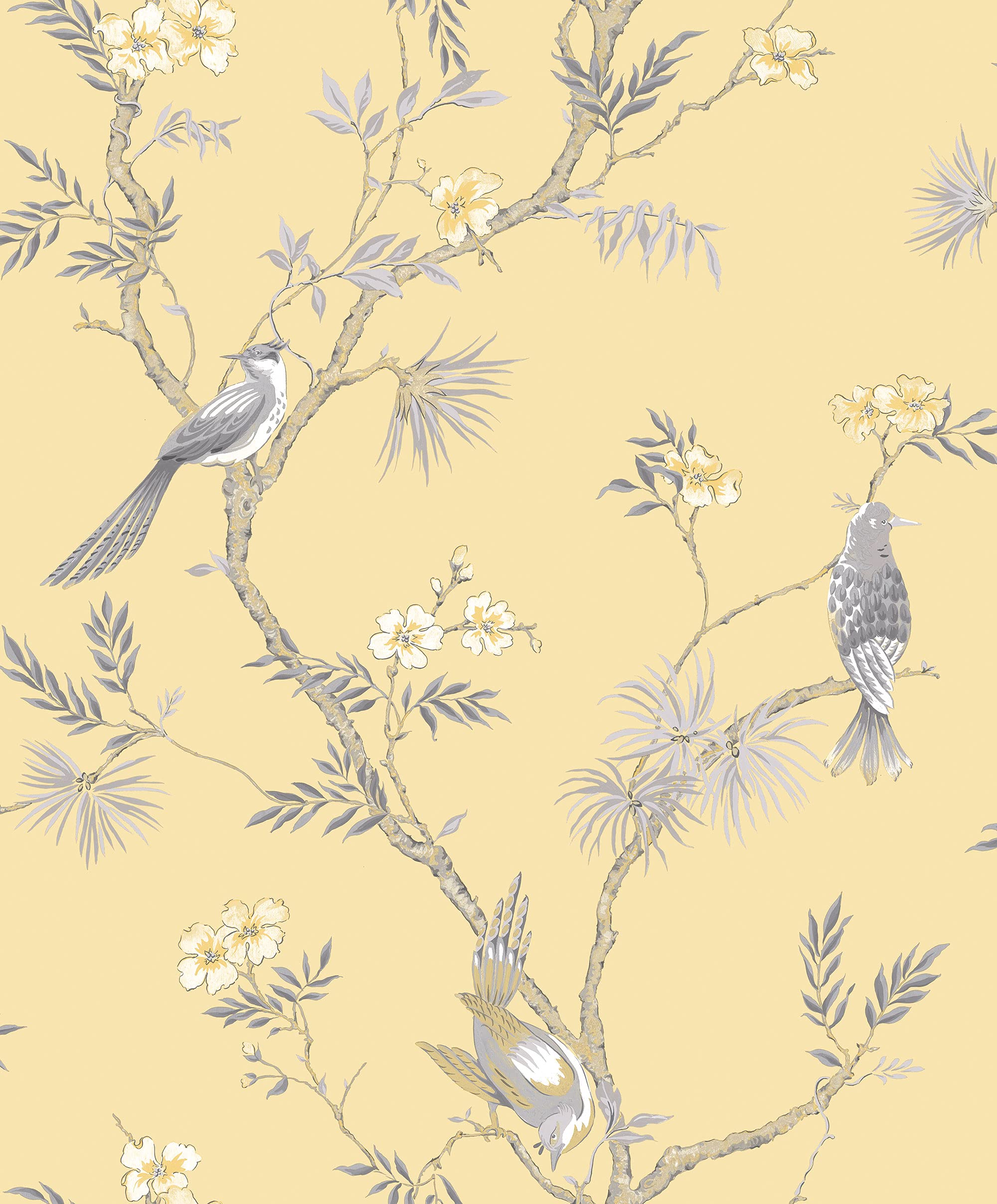 Galerie G78494 Secret Garden Classic Bird Trail Wallpaper, Yellow/Grey, 10m x 53cm