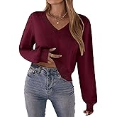 Zeagoo Women's 2025 Fall V-Neck Cropped Sweater Trendy Long Latern Sleeve Ribbed Knit Pullover Crop Tops