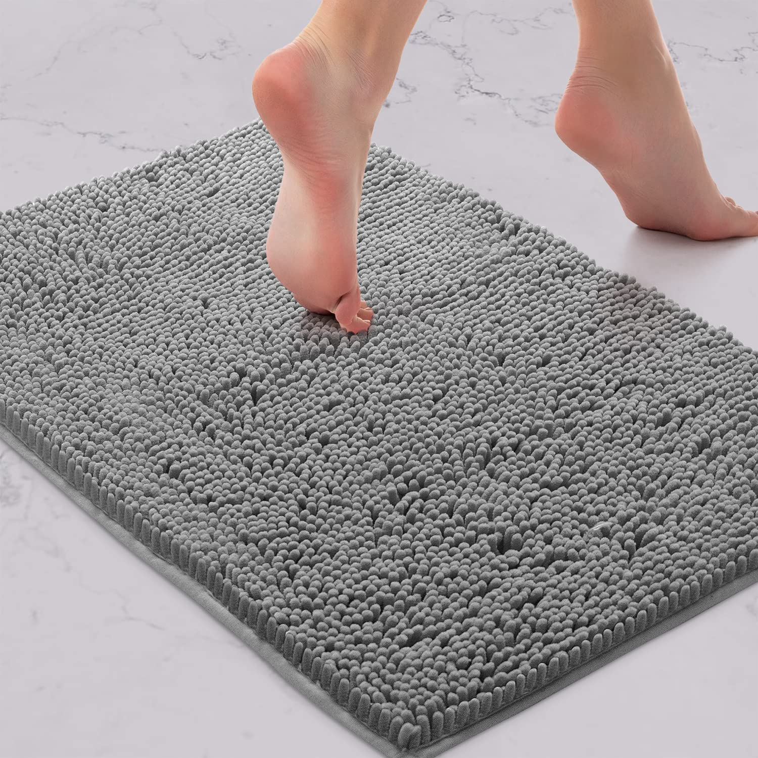 LuxUrux Bath Mat - AS-SEEN-ON-TV - Extra-Soft Plush Bath Shower Bathroom Rug, 1'' Chenille Microfiber Material, Super Absorbent Shaggy Bath Rug (Light Grey, 42 x 60 cm)