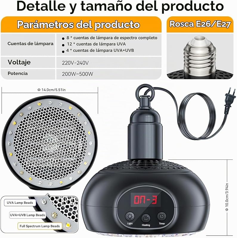 Lâmpadas de aquecimento para galinheiros, 200W-350W-500W com Luz UVA/UVB temporizador 3-6-9-12H, lâmpada portátil de aquecimento para estufas, animais de estimação, galinheiros, répteis