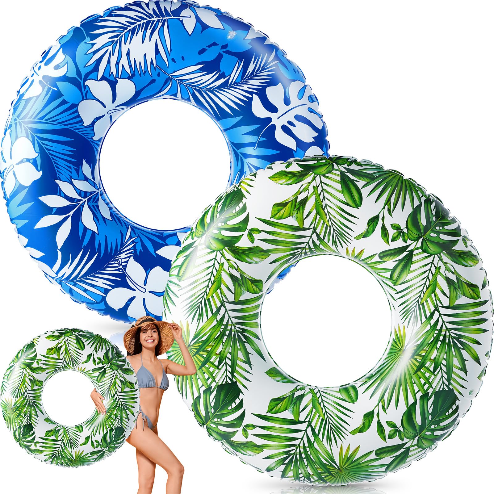 Photo 1 of Silipull 2 Pcs Large Adult Float Tube 47.24 Inches Hawaii Inflatable Pool Ring Floats Single Sided Tropical Leaves Inflatable Pool Tube Rings Swimming Ring for Adults Summer Beach(Green,Blue)