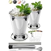 Gusto Nostro Mint Julep Cups Set of 2 - Stainless Steel Julep Cup Kit with Straws, Muddler, Spoon,Recipes, Vases - Southern-style Cocktail Glasses for Home Bar - Stainless Steel Cocktail Cups (Silver)