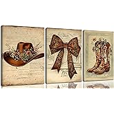Vintage Western Cowgirl Wall Art Retro Floral Western Boots Hat Bow Posters Rustic Cowgirl Prints Trendy Preppy Dorm Room Living Room Wall Decor Framed