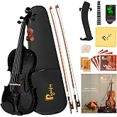 Poseidon 1/2 Violin for Kids Beginner Half Fiddle Kit, Violin Student Stringed Musical Instrument w/Case, Two Violin Strings Set, Two Bows, Two Bridges, Two Rosins, Tuner, Manual - Glossy Black