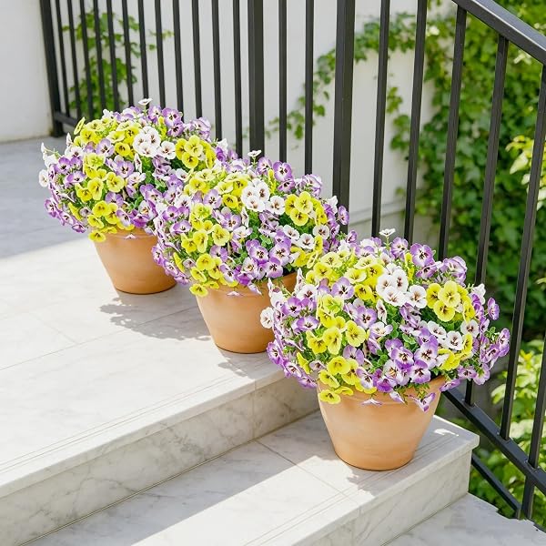 GIAUMA 18 BUNDLES ARTIFICIAL PANSY FLOWERS FOR OUTDOORS UV RESISTANT – REALISTIC SILK FAKE OUTSIDE FLOWERS FAUX PLANTS FOR OUTDOOR PLANTERS, PORCH, PATIO, GARDEN, WINDOW BOX DECORATION(3 COLORS)