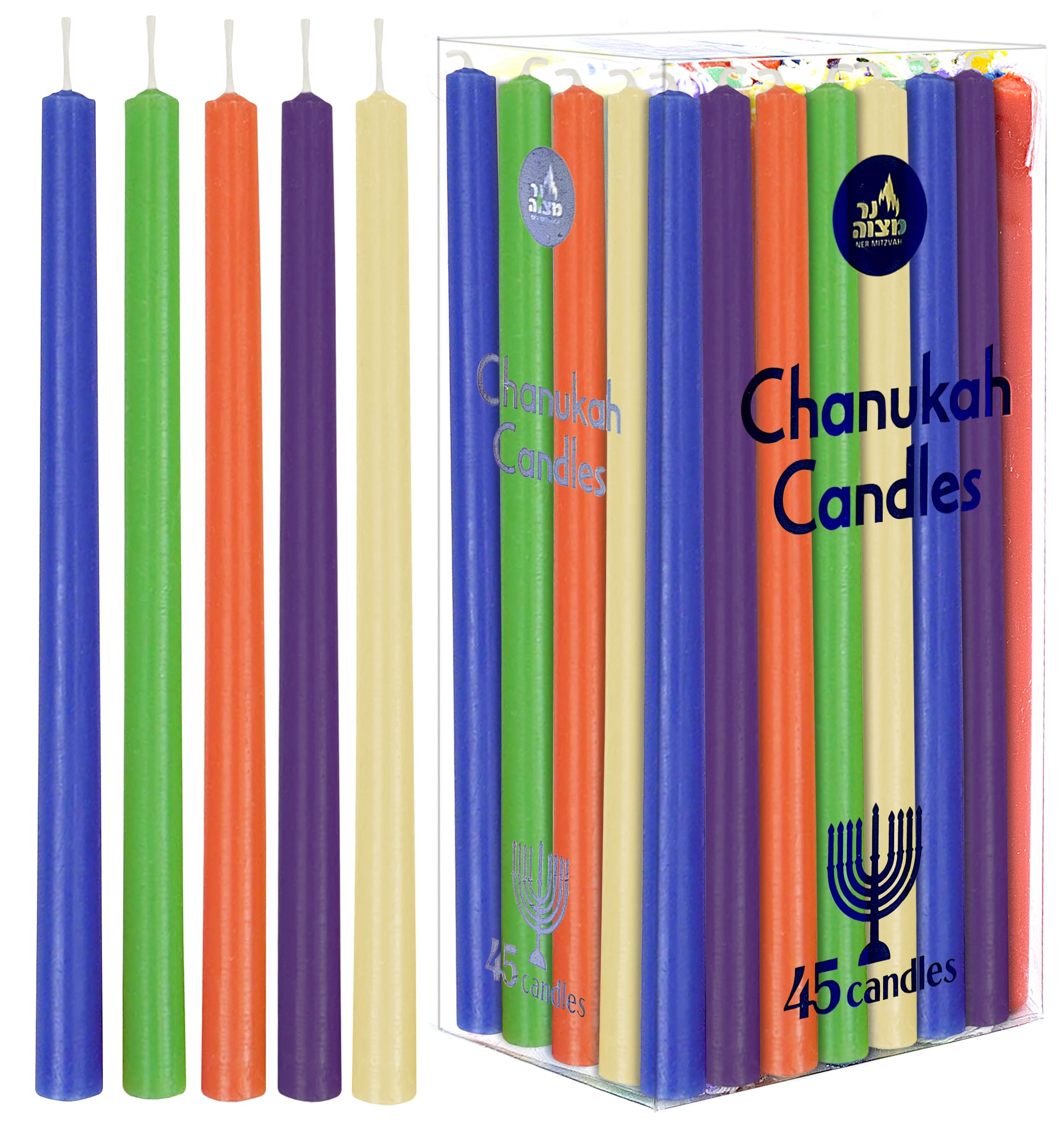 Ner Mitzvah Colorful Long Chanukah Candles - Standard Size Hanukkah Candles - Premium Quality Wax - Assorted Colors - 45 Count for All 8 Nights of Hanukkah