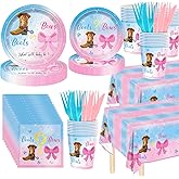 146Pcs Boots and Bows Gender Reveal Party Supplies Include Tableware-Plates-Napkins-Cups-Forks-Knives-Tablecloth for Gender Reveal Party Decorations Serves 24