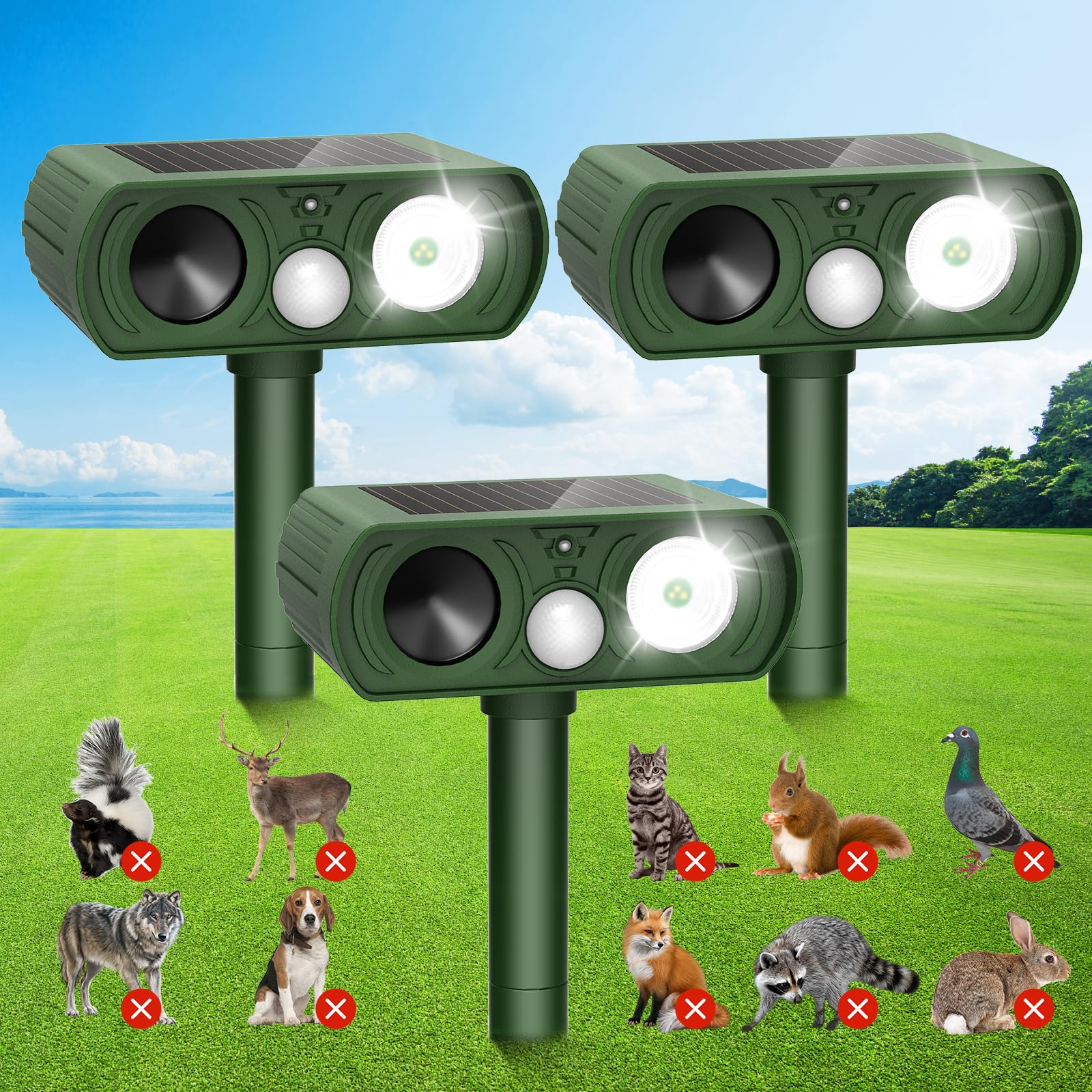 solar ultrasonic animal repellent outdoor, deer repellent devices waterproof, cat squirrel rabbit do