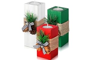Sliner 3 Pcs Christmas Candle Holders with Candles Wooden Xmas Tealight Candle Holders Decorations Red White Green Votive Wood Candlestick for Christmas Table Centerpiece Decor Xmas Gifts