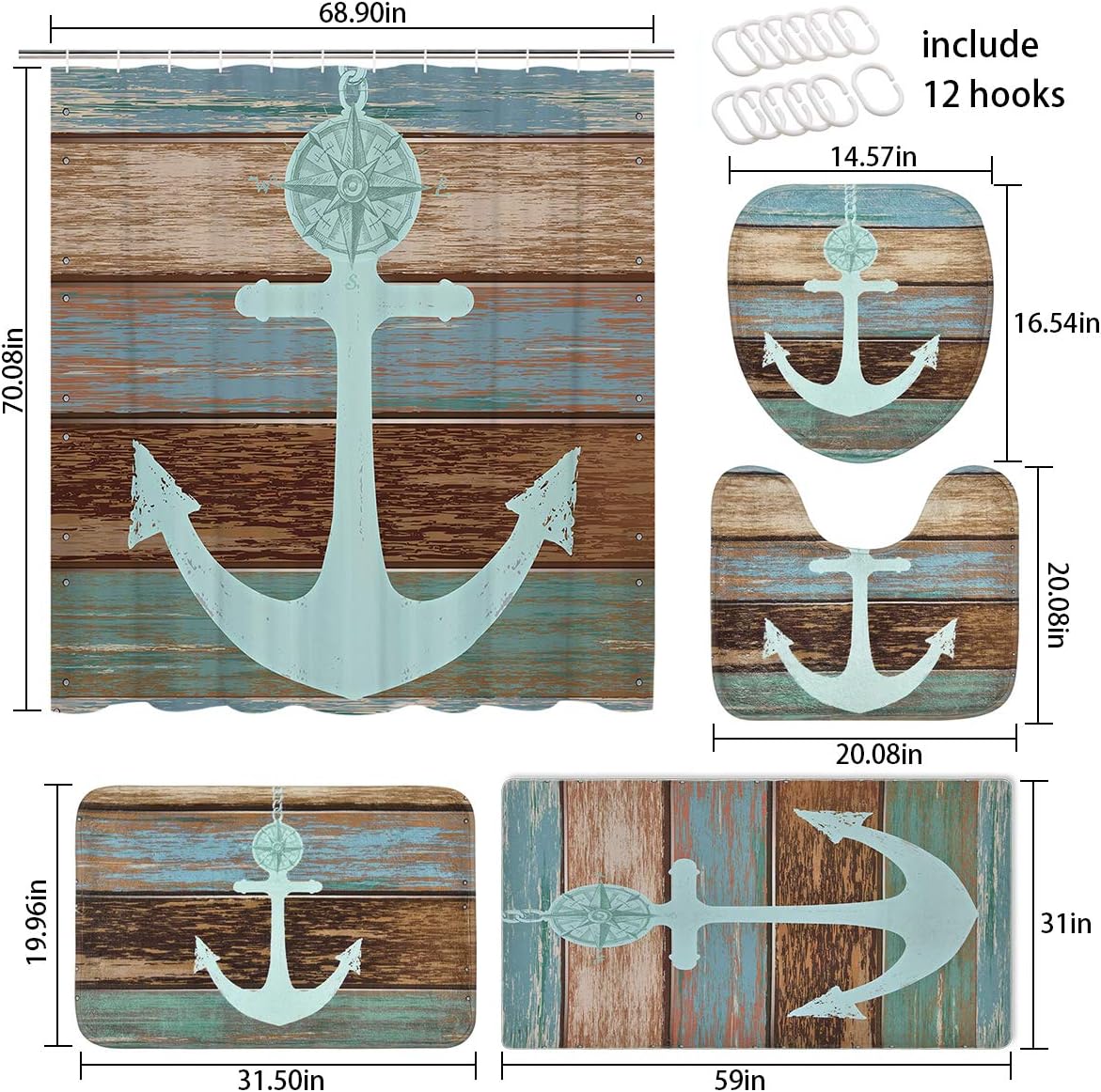 Include Non Slip Rug Toilet Lid Cover And Bath Mat Nautical Anchor Rustic Wood Waterproof Shower Curtain With 12 Hooks For Bathroom 5 Pcs Anchor Shower Curtain Sets With Rugs And Towels Home