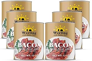 WERLING AND SONS, INC. Werling Canned Bacon 12 Oz Smoke Flavor Added Fully Cooked Ready to Eat Bacon Shelf-Stable Canned Meat Long Term Storage Camping Survival and Emergency Preparedness Canned Food Pack of 6