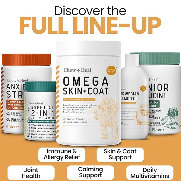 OMEGA 3 FISH OIL FOR DOGS – 180 SOFT CHEWS FOR ITCH RELIEF, SHEDDING & HOT SPOTS – SKIN AND COAT SUPPLEMENT – SALMON OIL, EPA & DHA – ALLERGY CHEWS – MADE IN USA – CHEW + HEAL