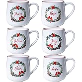 ZAROCRUS Christmas Ceramic Coffee Mug Set of 6, 16 OZ Holiday Porcelain Mugs, Wreath with Red Cardinal design With words Hope,Peace, Cheer, Joy, Love, Believe Cups for Xmas Gift Party Supplies