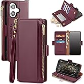 Antsturdy Compatible with iPhone 16 Wallet Case,RFID Blocking PU Leather Phone Case Women Men Kickstand flip Cover Wrist Strap Zipper Credit Card Holder Slots for Apple 16 6.1",Wine Red