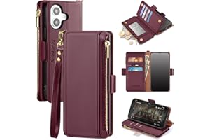 Antsturdy Compatible with iPhone 16 Wallet Case,RFID Blocking PU Leather Phone Case Women Men Kickstand flip Cover Wrist Strap Zipper Credit Card Holder Slots for Apple 16 6.1",Wine Red