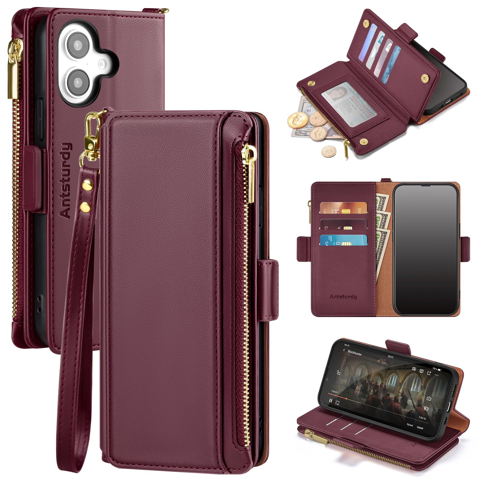 Antsturdy Compatible with iPhone 16 Wallet Case,RFID Blocking PU Leather Phone Case Women Men Kickstand flip Cover Wrist Strap Zipper Credit Card Holder Slots for Apple 16 6.1",Wine Red