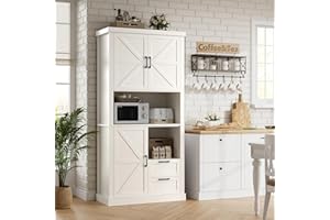 HOSTACK 76" Tall Farmhouse Kitchen Pantry Cabinet, Kitchen Hutch Bar Cabinet with Drawers & Shelves, Large Wood Storage Cabinets with Barn Doors & Microwave Stand, Cupboard for Dining Room, White