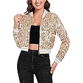 Anna-Kaci Women's Sparkly Sequin Cropped Jacket Long Sleeve Zipper Up Party Club Bomber Jacket