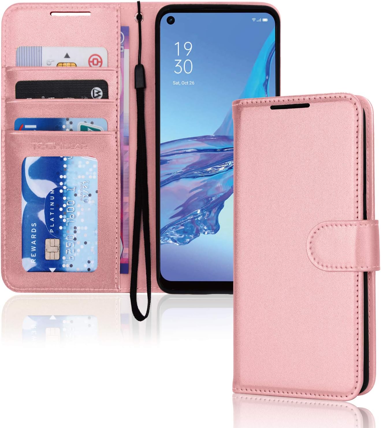TECHGEAR Leather Wallet Case for Oppo A53 / A32, Flip Protective Case Cover with Wallet Card Holder, Stand & Wrist Strap, Rose Gold PU Leather with Magnetic Closure
