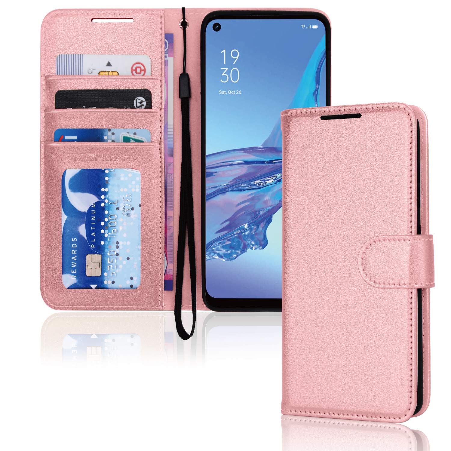 TECHGEAR Leather Wallet Case for Oppo A53 / A32, Flip Protective Case Cover with Wallet Card Holder, Stand & Wrist Strap, Rose Gold PU Leather with Magnetic Closure โ image 1