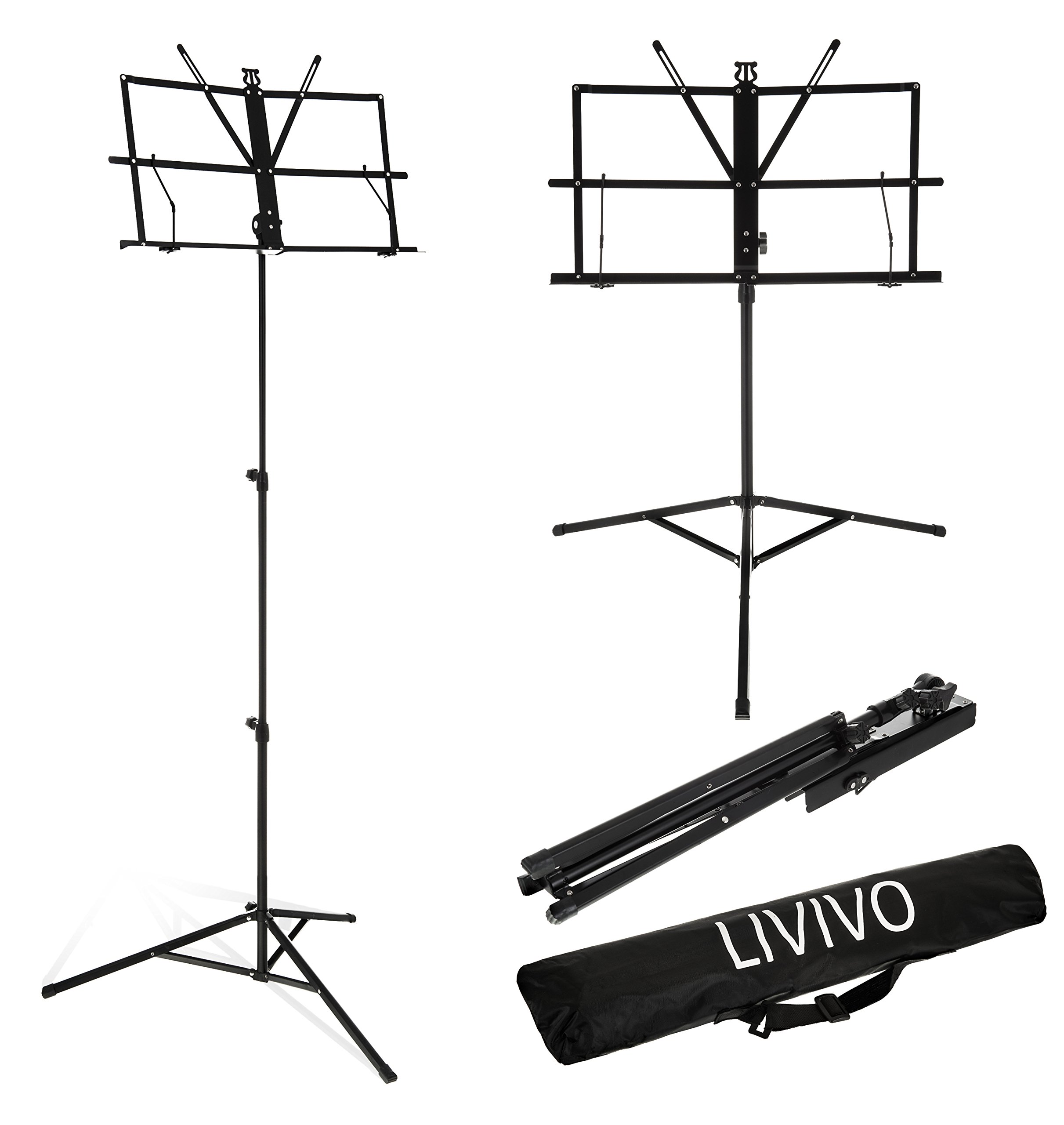 LIVIVO Folding Music Sheet Stand with Carry Bag- Height and Angle Adjustable Metal Holder with Non - Slip Rubber Feet for Extra Stability (Black)