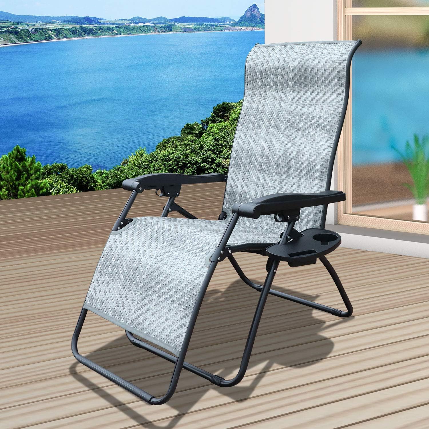 GOLDSUN Rattan Zero Gravity Chaise Lounge Chair Adjustable Patio Lawn Wicker Reclining Lounger Chair with Tray for Outdoor,Garden,Beach,Porch,Swimming Pool (Grey with Round Leg): Kitchen & Dining