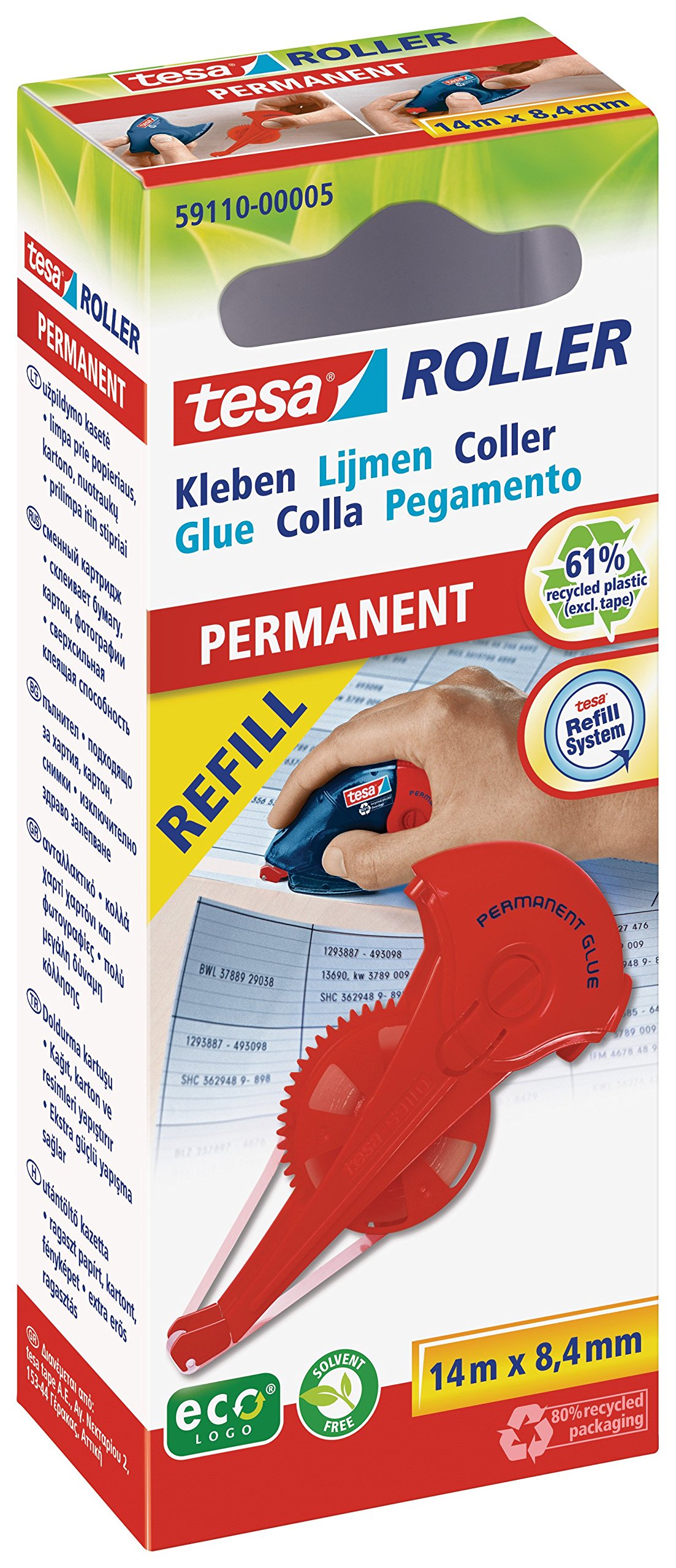 tesa Permanent Glue Roller ecoLogo Environmentally Friendly, 14 m x 8.4 mm - Refill