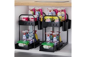 Under Sink Organiser and Storage,2 Tier Kitchen Organizers and Storage with Bottom Sliding Basket Drawer,Hooks,Hanging Cups,M