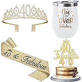 40th Birthday Gifts Women with 12oz Tumbler/Mug for Wine or Coffee, Birthday Crown, Sash, Cake Topper and Candles, 40 Year Old Decorations Gifts Idea Gold White
