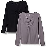 Amazon Essentials Women's Cinched V-Neck Long Sleeve Slim-Fit Rib-Knit T-Shirt, Pack of 2