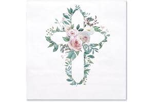 WRAPAHOLIC 50Pcs Floral Cross Napkins - Disposable 3-Ply Paper Cocktail Napkin, Perfect for First Communion, Baby Girl Baptis