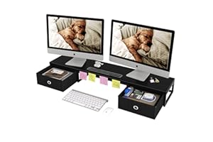 Mexin Dual Monitor Stand Riser with 2 Drawers, 39 Inch Extra Long Wood Desk Organizer, Desktop Riser for Laptop, Printer, Com
