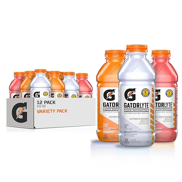 GATORLYTE RAPID REHYDRATION ELECTROLYTE DRINK, 3 FLAVOR VARIETY PACK, SPECIALIZED BLEND OF 5 ELECTROLYTES, LOWER SUGAR, NO ARTIFICIAL SWEETENERS, NO ARTIFICIAL FLAVORS, 20 FL OZ BOTTLES (12 PACK)