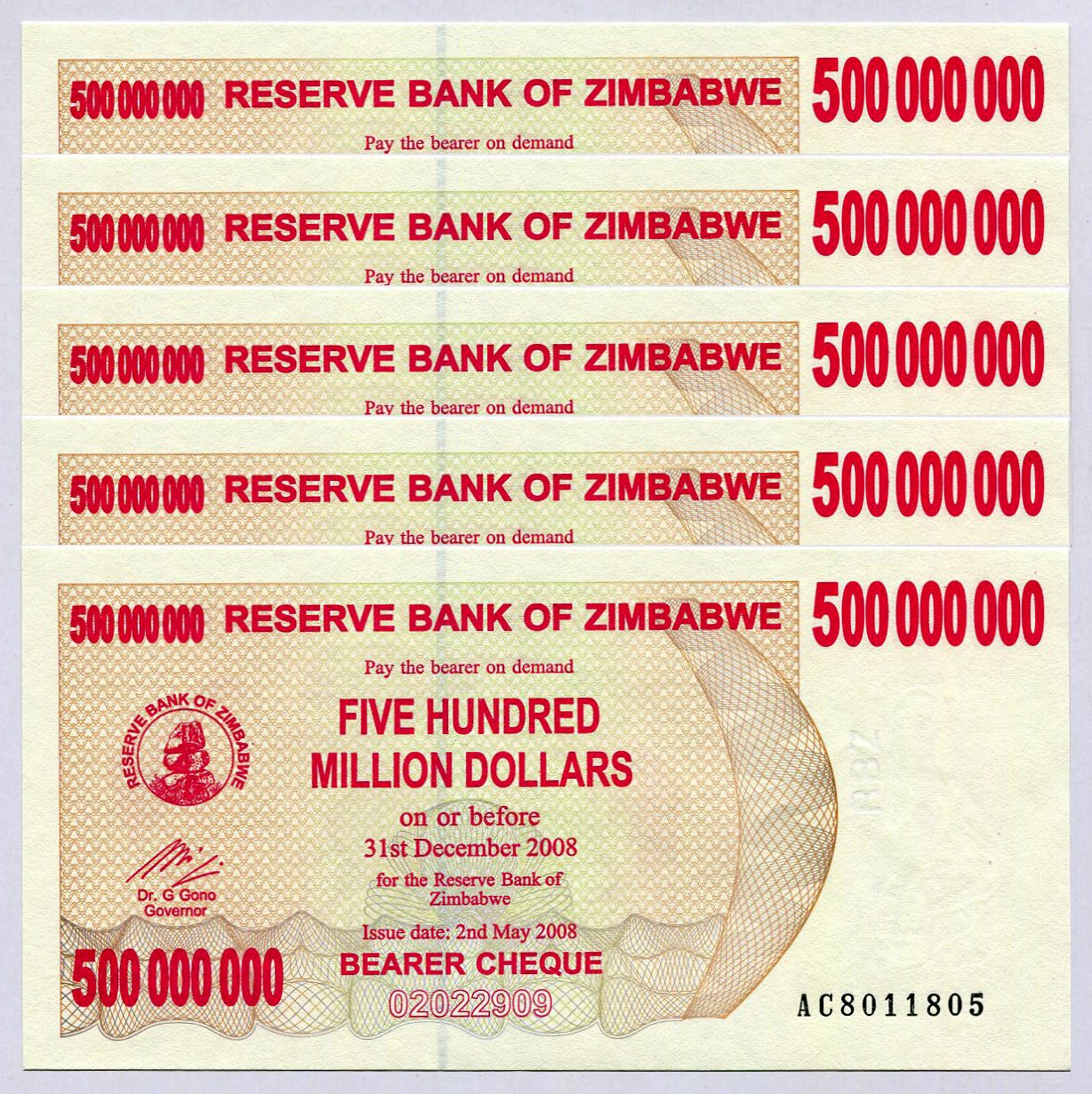 RBZ Collectibles Zimbabwe 500 Million Dollars x 5 pcs 2008 P60 consecutive UNC currency bills