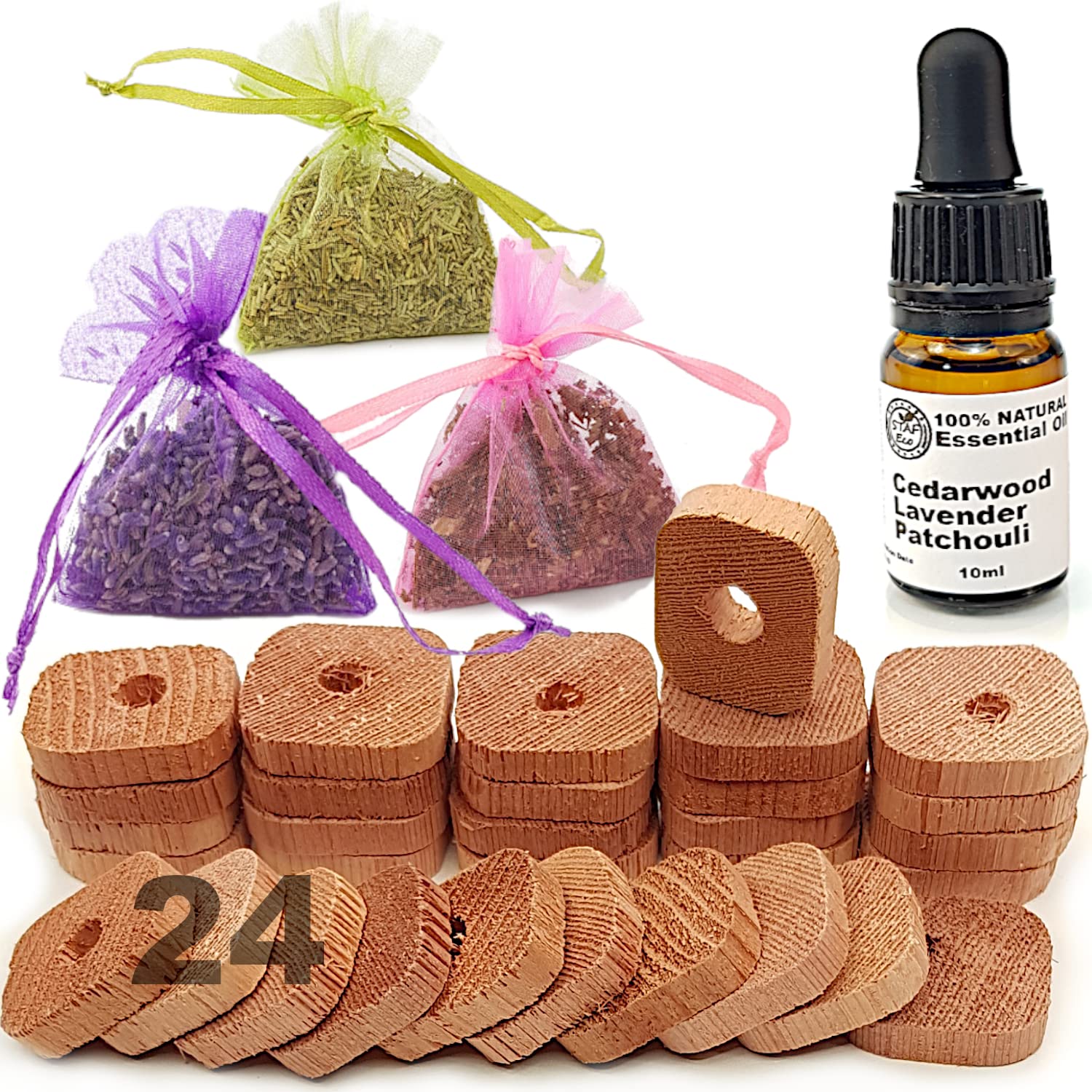 STAFECO Moth repellent for wardrobes and other storage, Natural Anti Moth Products, Cedarwood Rings, Lavender, Patchouli, Rosemary bag, Oil Mix