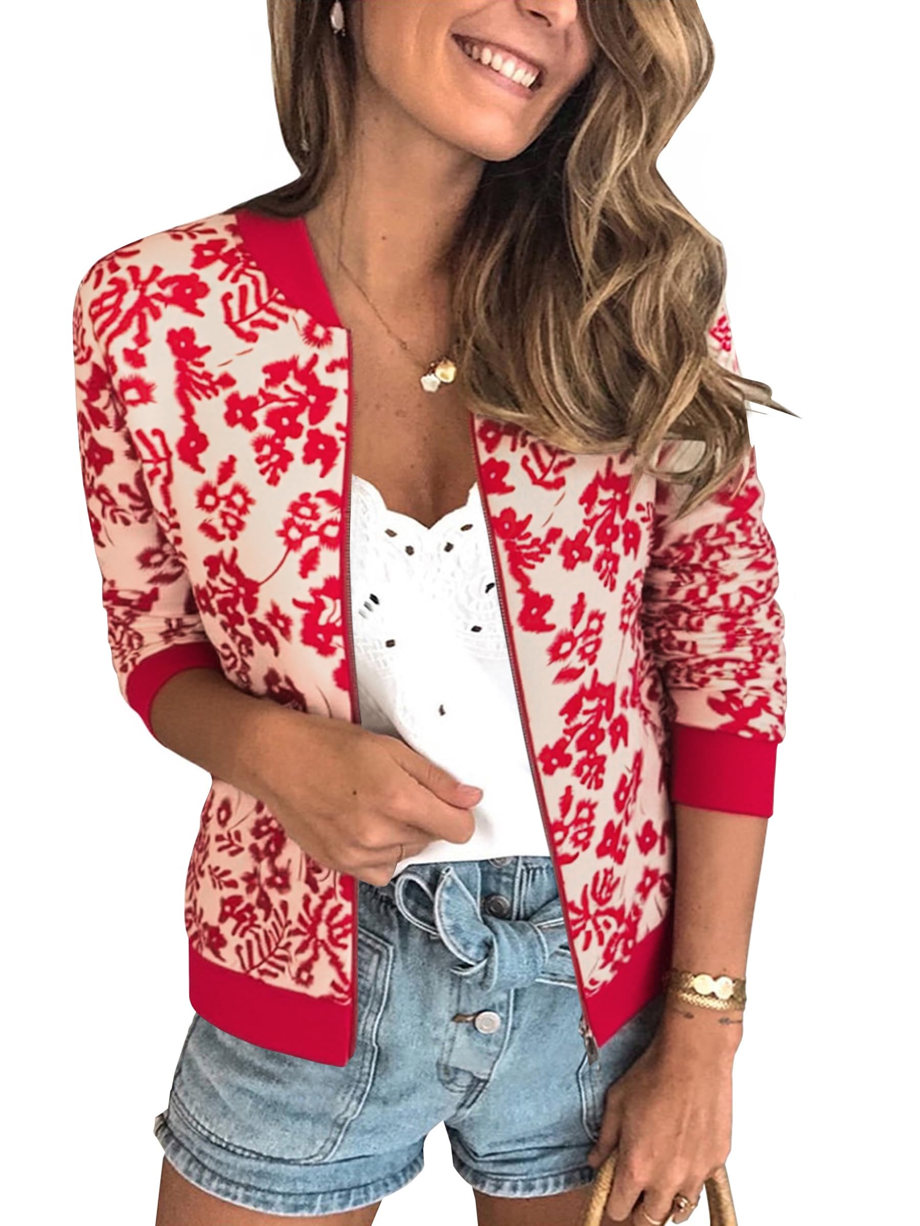 Photo 1 of ECOWISH Women's Casual Floral Zip Up Bomber Jacket Coat Lightweight Short Camo No Lining Outwear Tops Windbreaker with Pocket 3303 Red Large