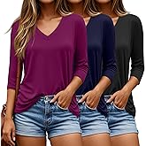 Riyiper 3 Pack V Neck 3/4 Sleeve Tops for Women Dressy Casual Loose Fit T Shirts Trendy Basic Tunic Tees